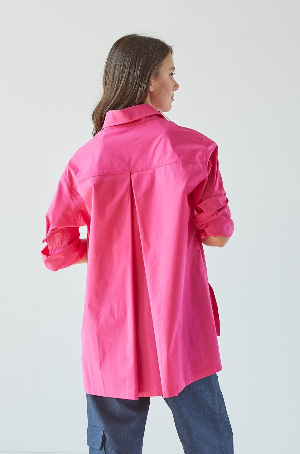 Nubia Button Down Stretch Shirt w/ High Low Hem