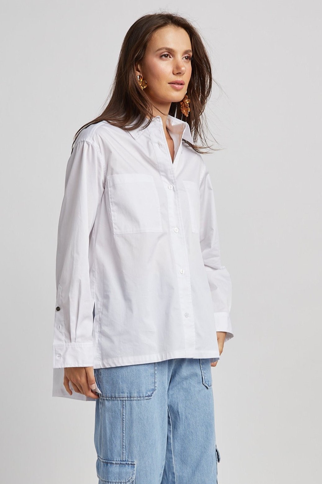 Nubia Button Down Stretch Shirt w/ High Low Hem