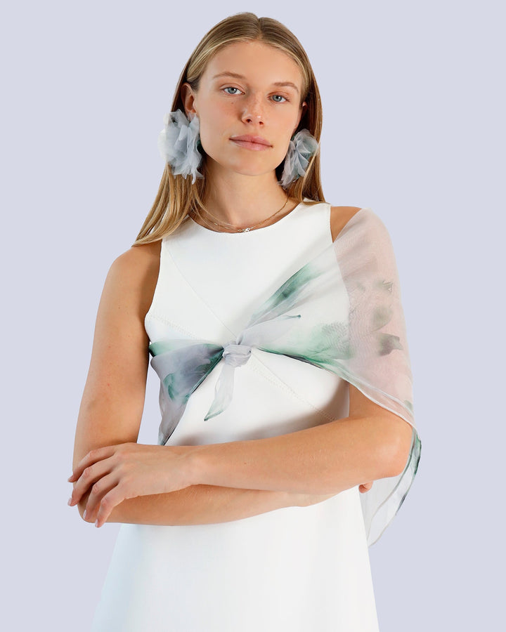 Maison Marie Saint Pierre | Dress | KAELA | White | Earrings | JOKER | Aqua Lily Green | Scarf | JOLYON | Aqua Lily Green