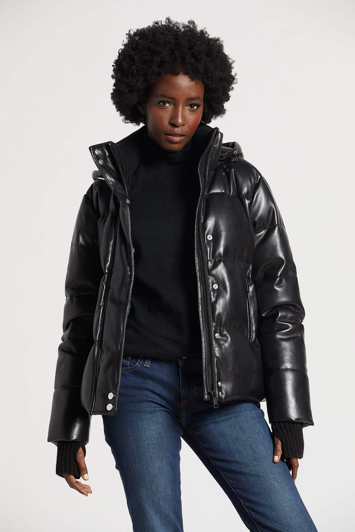 Paloma Vegan Leather Down Coat w/ Detachable Hood & Angora Knit Trim