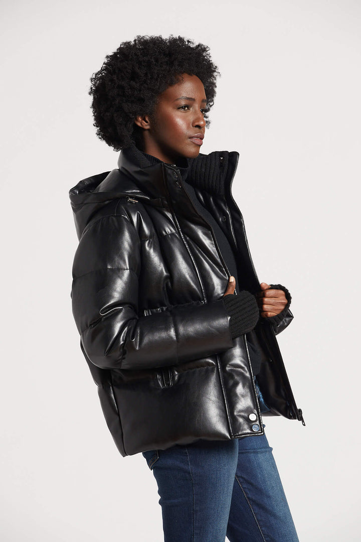 Paloma Vegan Leather Down Coat w/ Detachable Hood & Angora Knit Trim