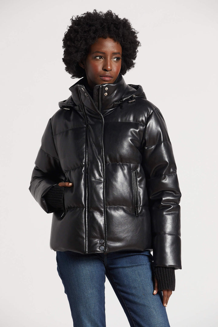 Paloma Vegan Leather Down Coat w/ Detachable Hood & Angora Knit Trim