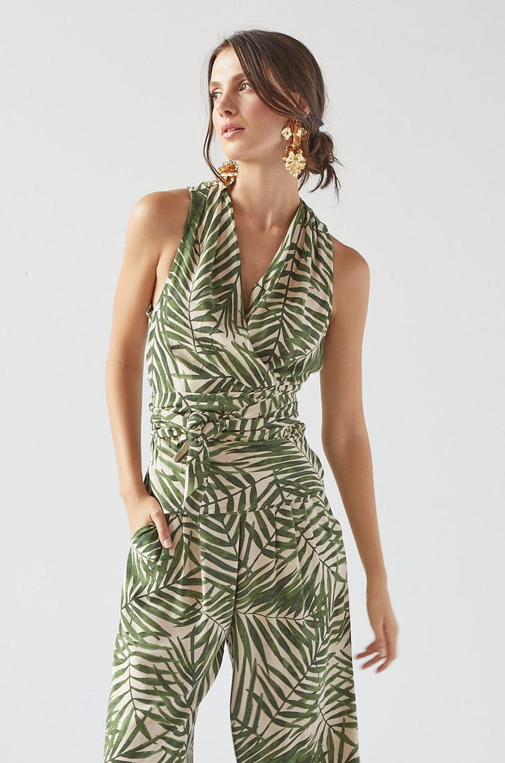 Remi Sleeveless Wrap Top w/ Sash & Leaf Motif