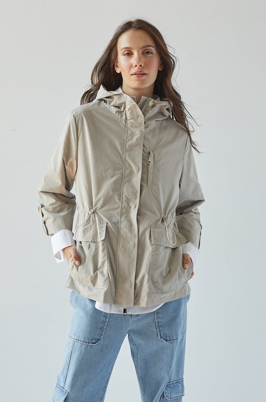 Roseline Hooded Anorak w/ Rolled-Up Sleeves & Waist Toggle