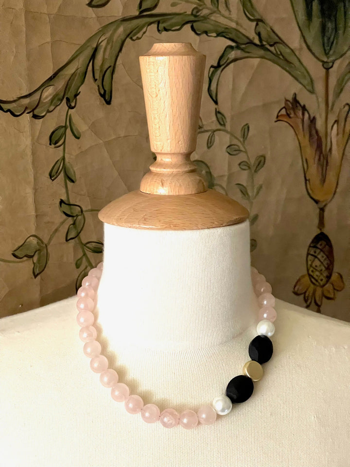 Rose Quartz And Matte Black Crystal With Gold Side Accent Necklace