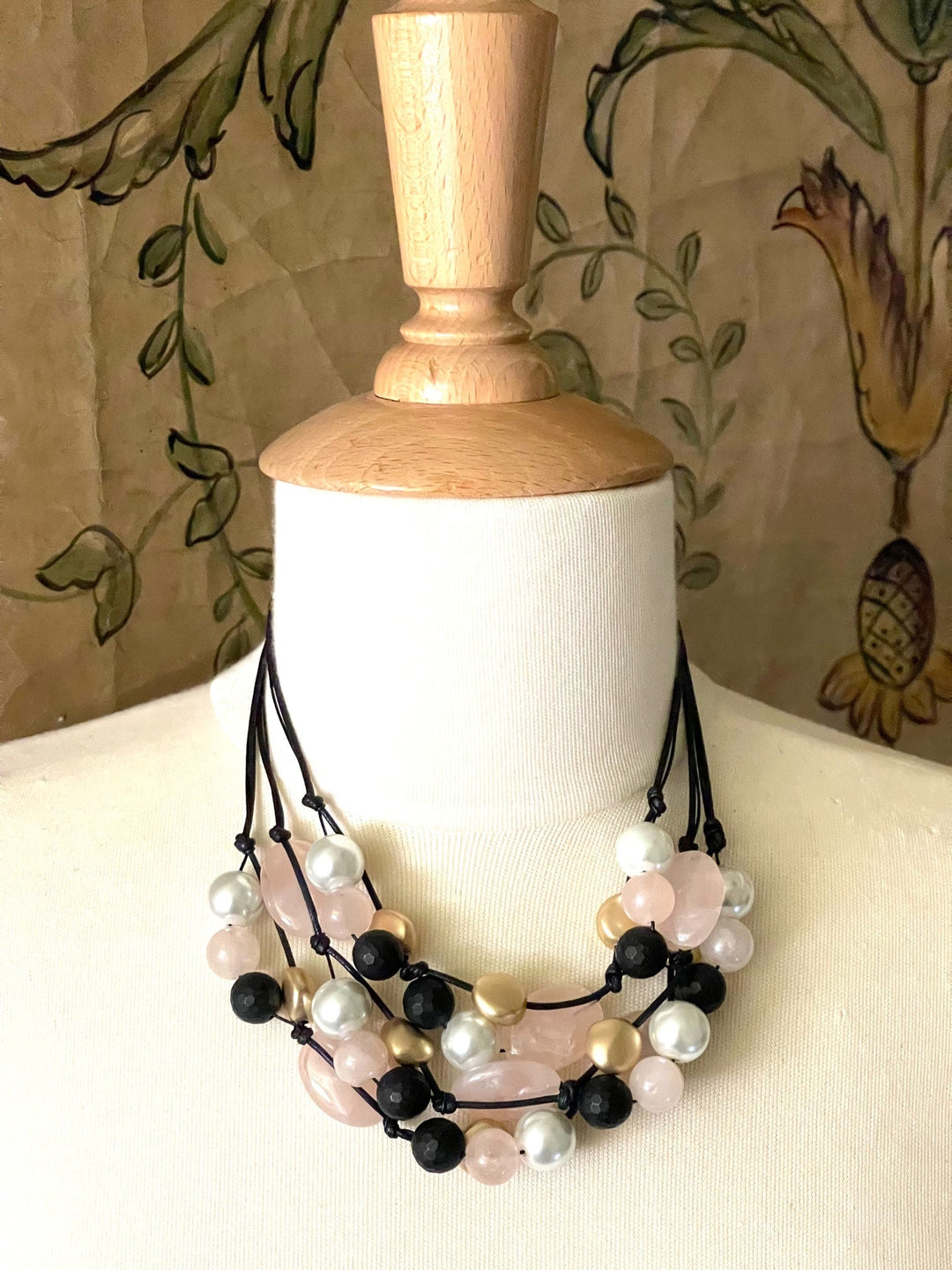 Rose Quartz, White Pearl and Black Onyx Torsade