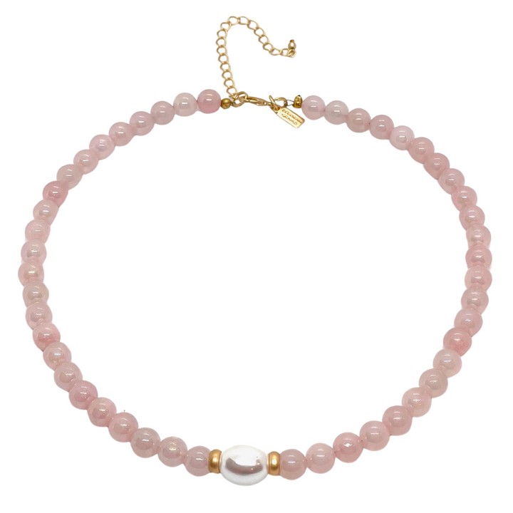 Rose Quartz With MOP Pearl Center and Matte Gold Accents Necklace