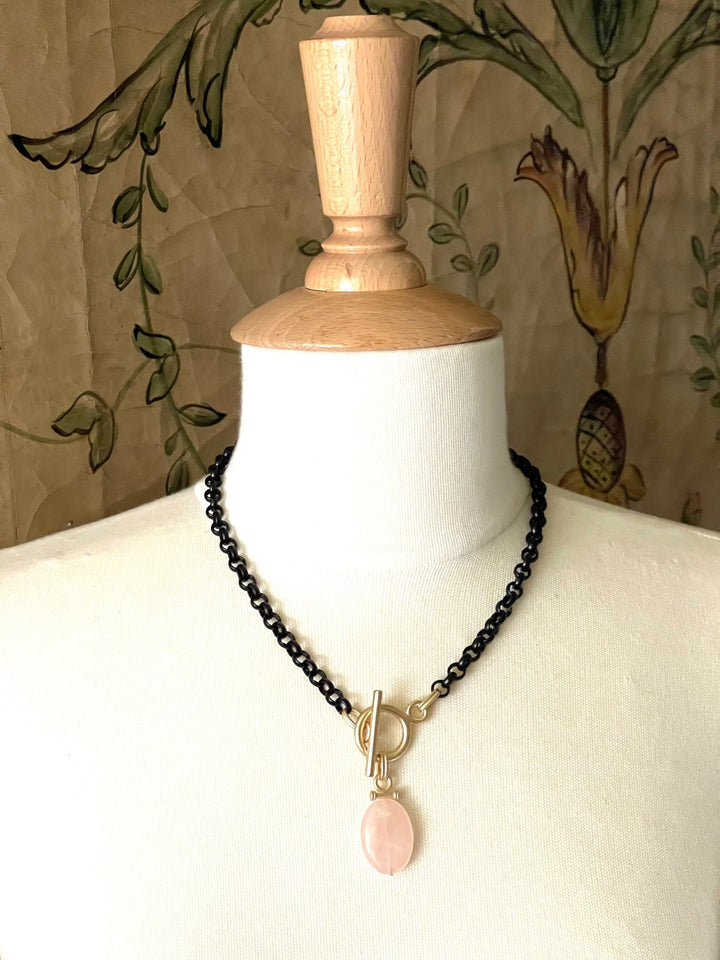 Rose Quartz Pendant on Matte Black Chain