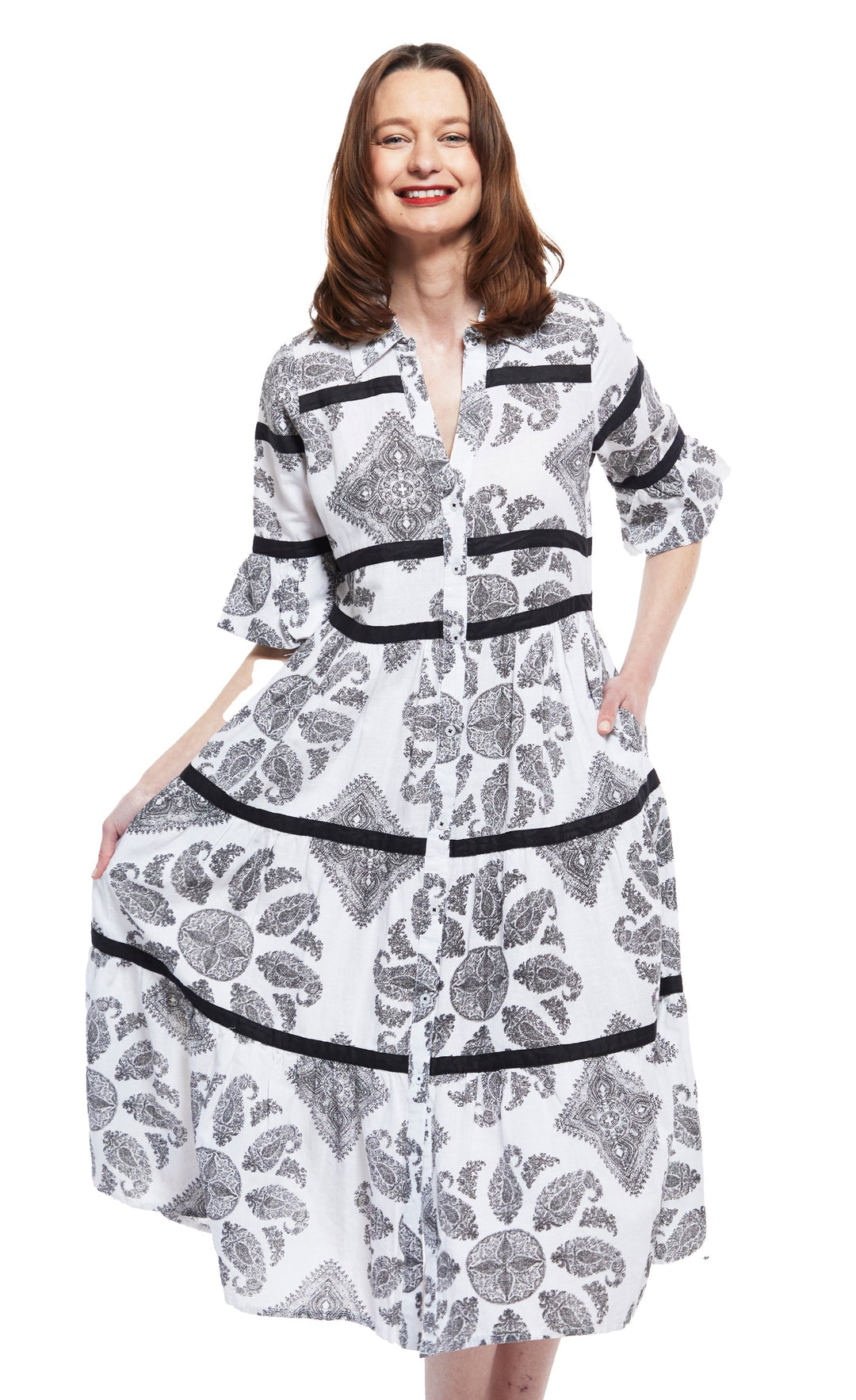 Miami Style Midi with Flounce And Black Ribbons Black White Paisley XS / 6645-M508