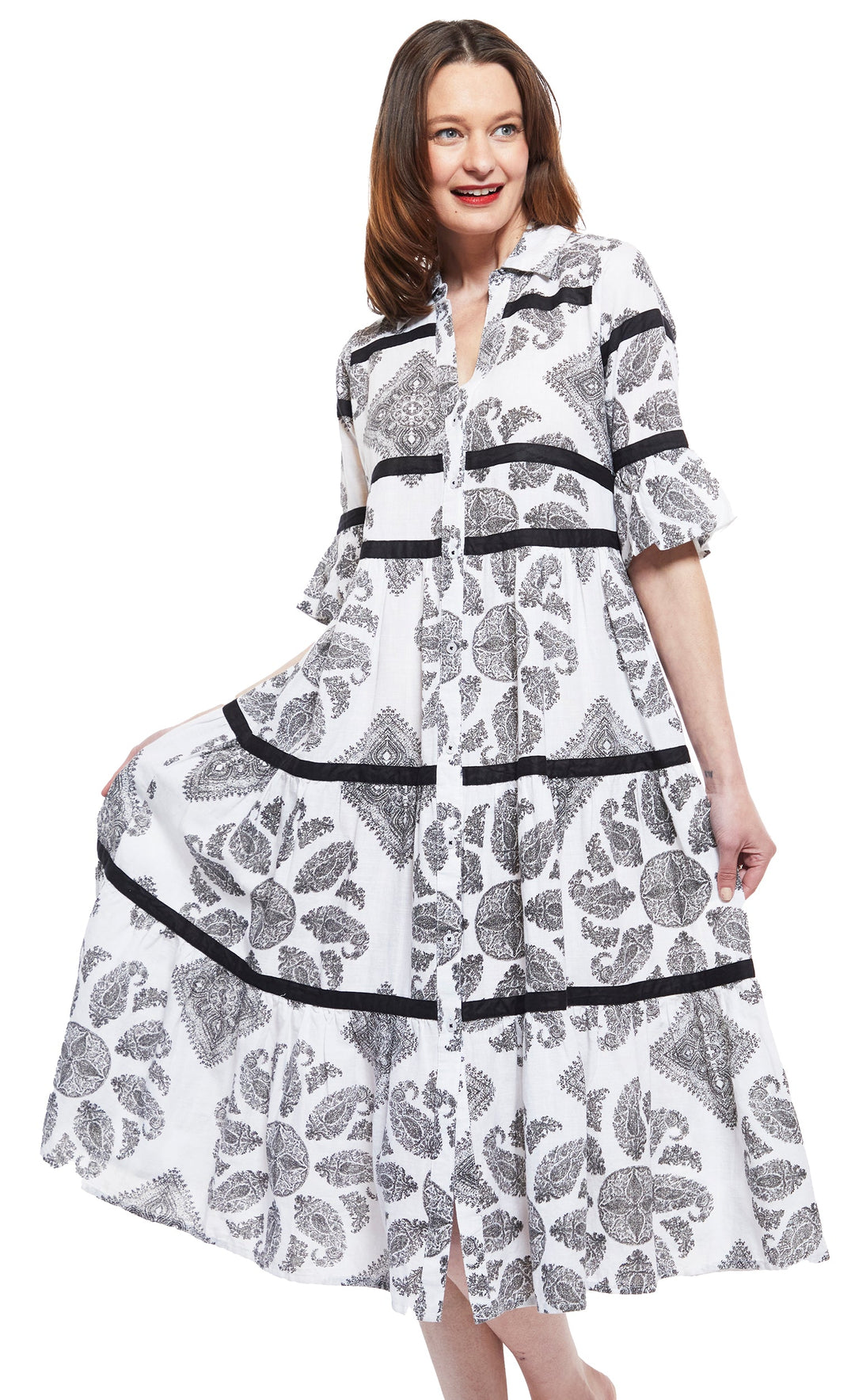 Miami Style Midi with Flounce And Black Ribbons Black White Paisley XS / 6645-M508