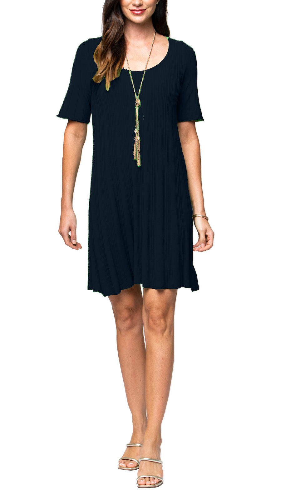 Stephanie Wave Rib Knit Short Sleeved Swing Navy Dress;