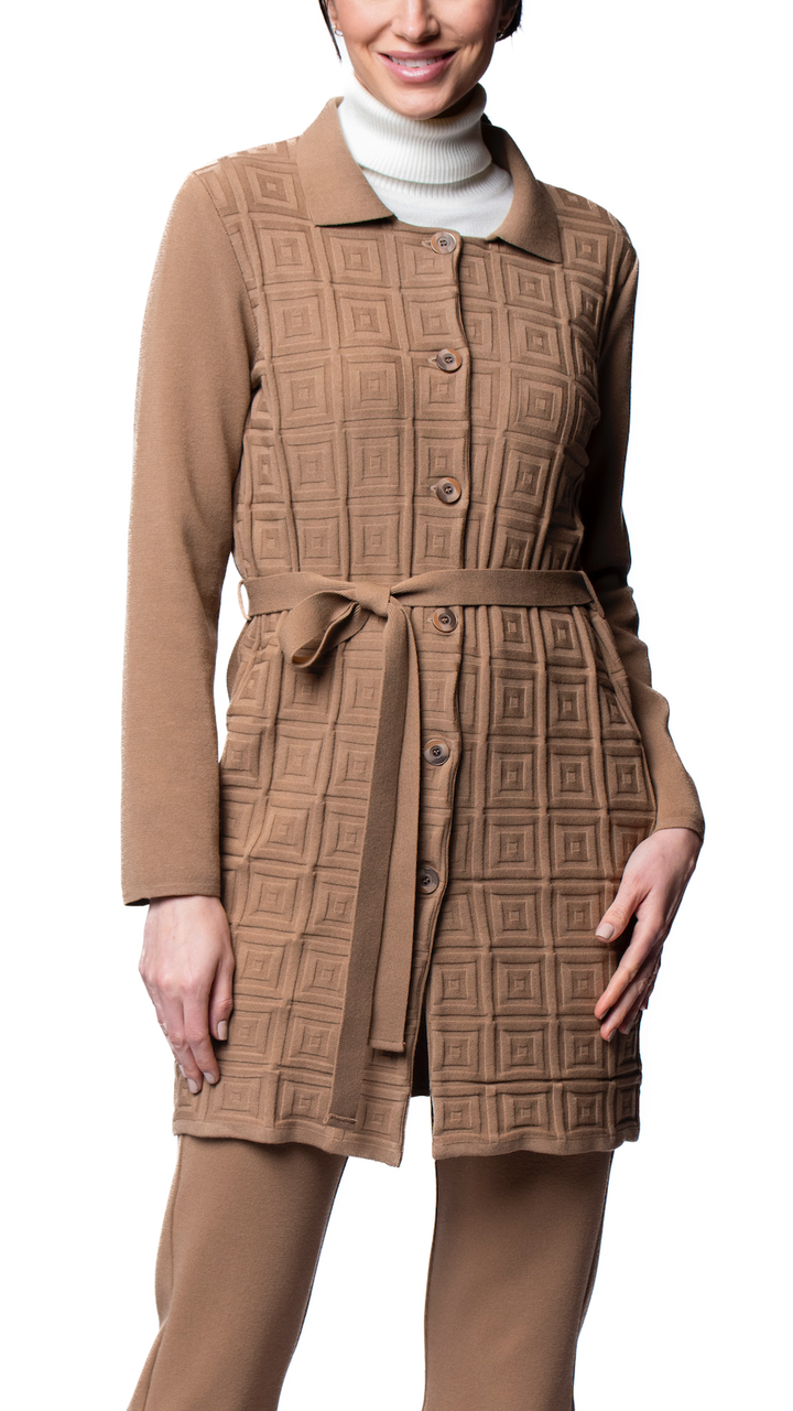 Sydney Square-Patern Knit Car Coat ; Mocha