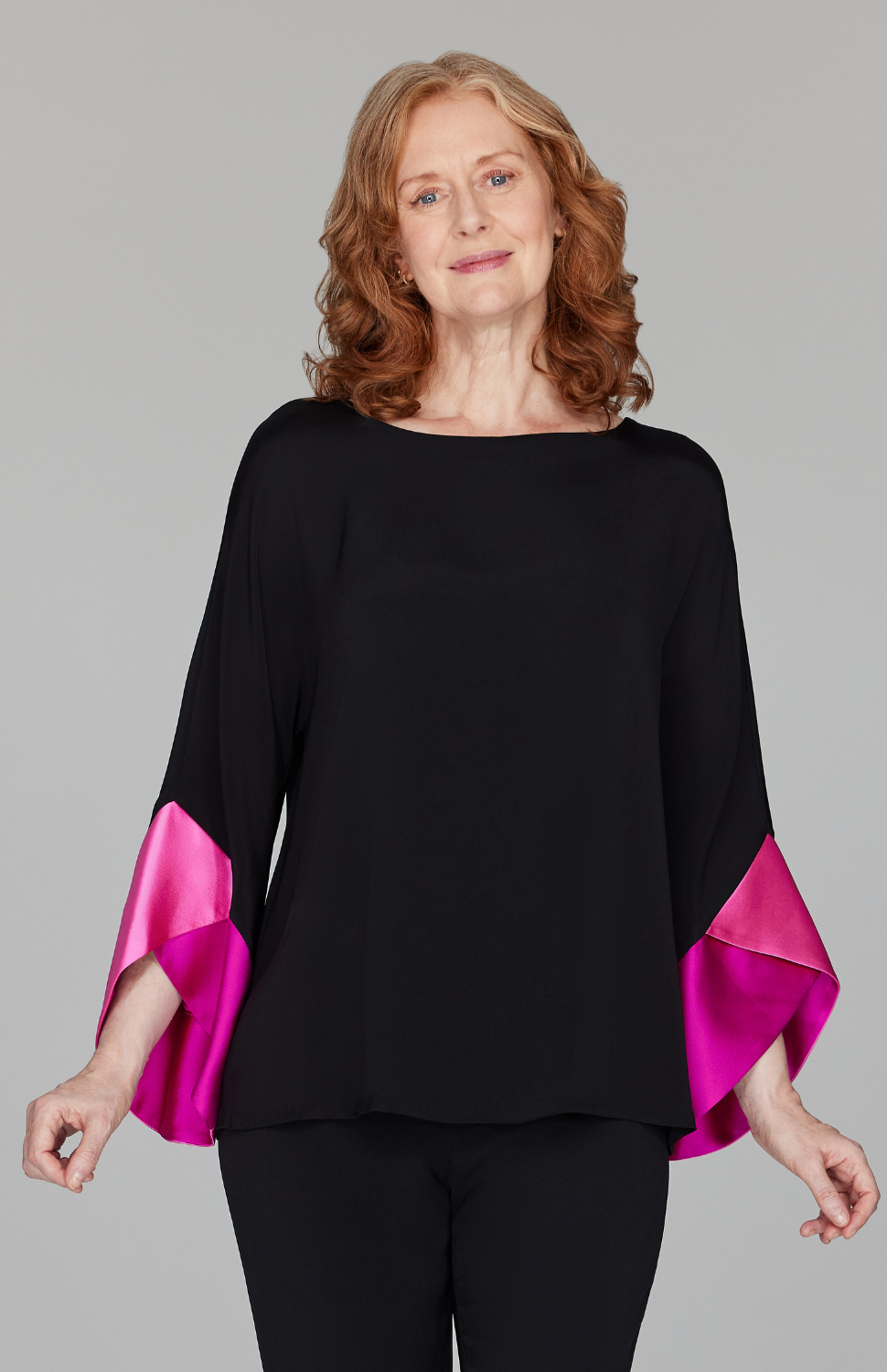 Silk Tunic w/Contrast Satin Color Block Sleeves