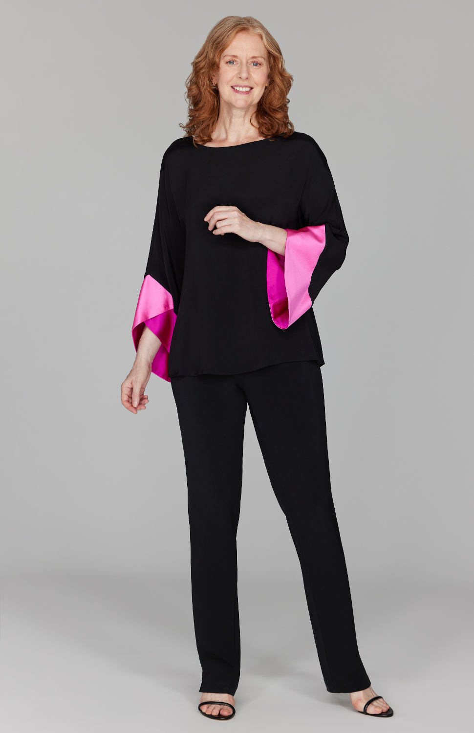 Silk Tunic w/Contrast Satin Color Block Sleeves