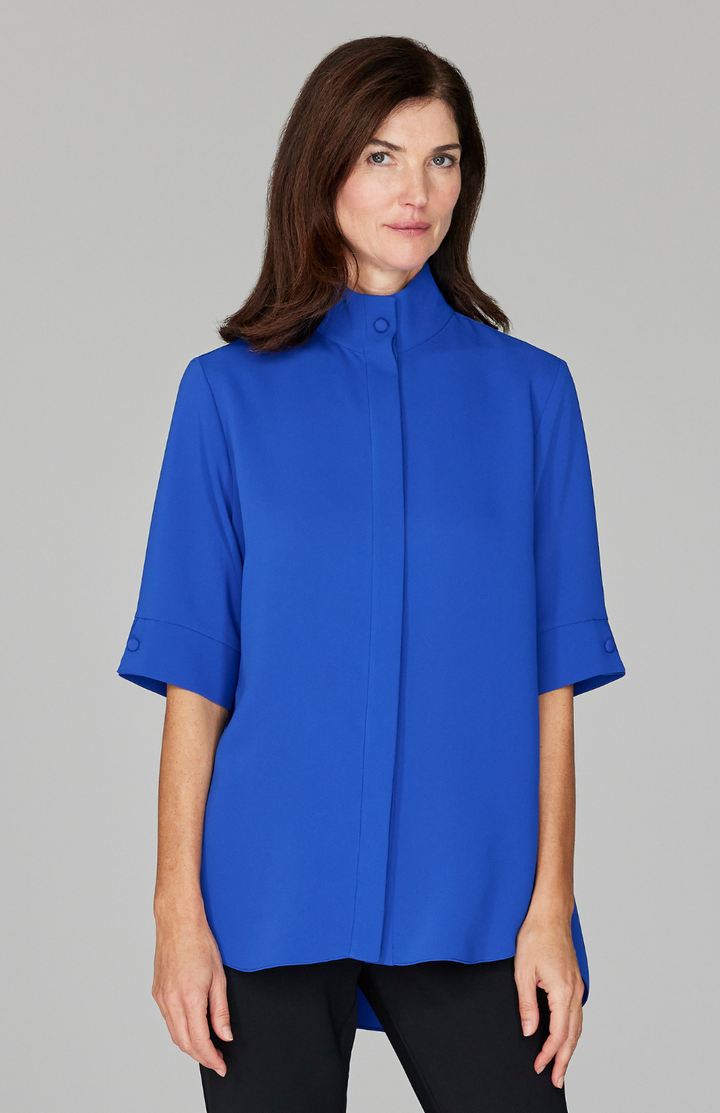 Lustrous Crepe Mandarin Collar Button Down Tunic