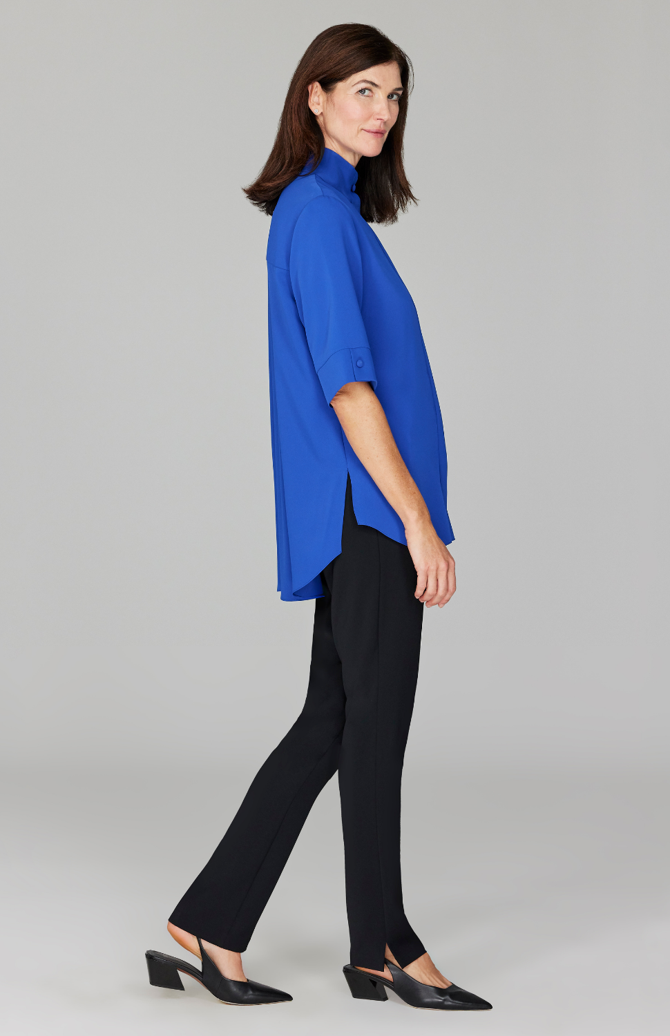 Lustrous Crepe Mandarin Collar Button Down Tunic