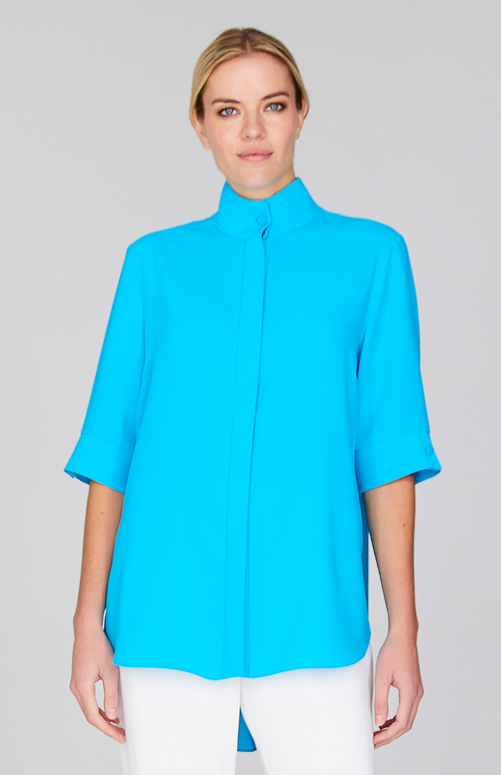 Lustrous Crepe Mandarin Collar Button Down Tunic