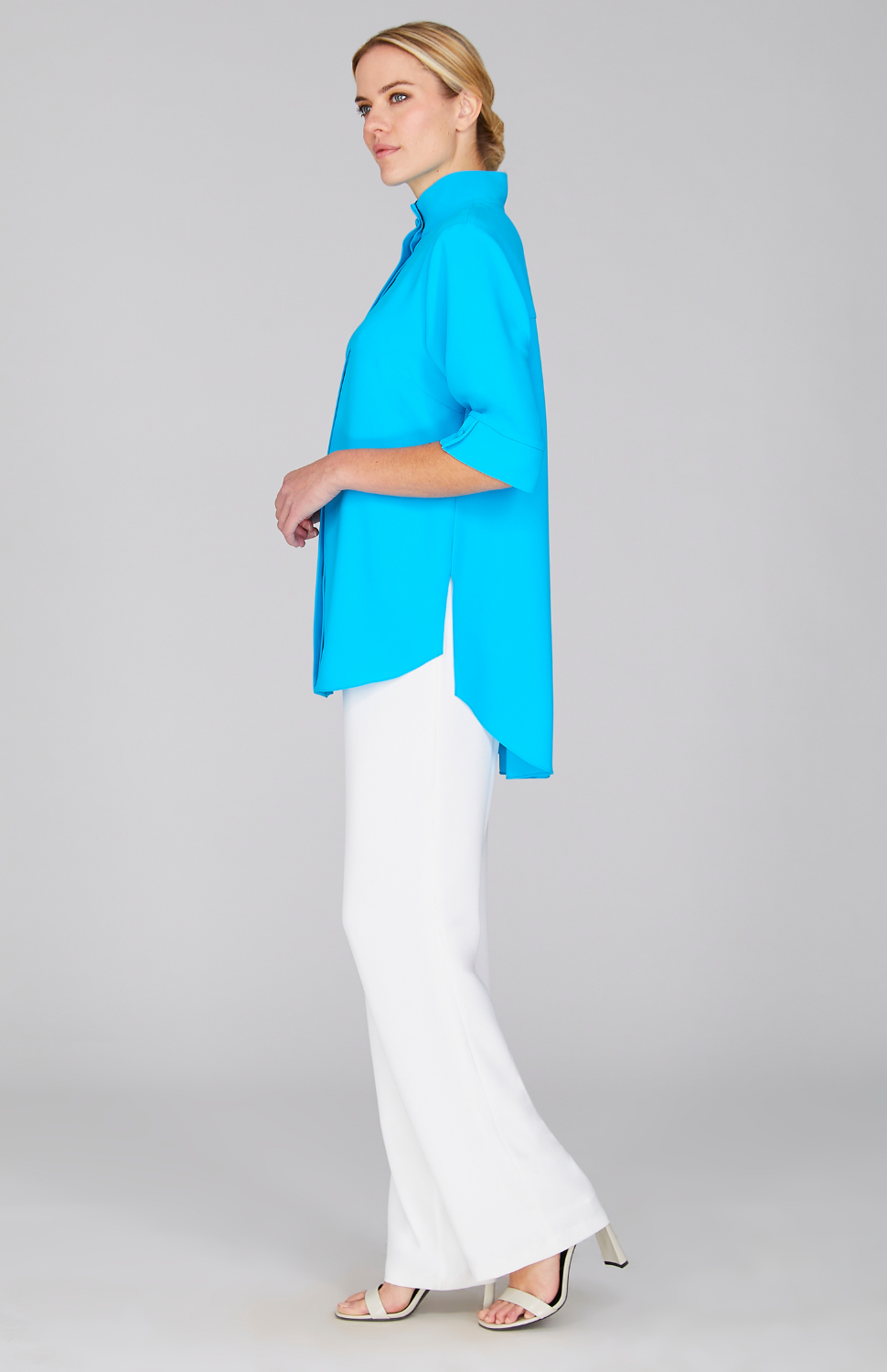 Lustrous Crepe Mandarin Collar Button Down Tunic