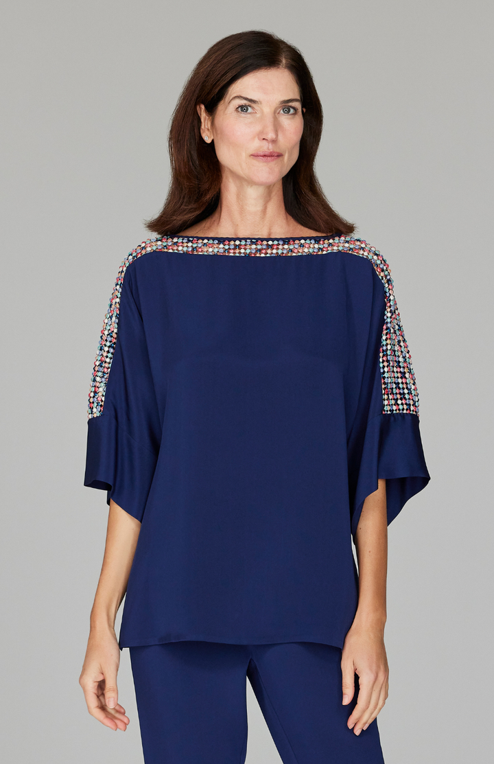 Metallic Pom Pom Silk Tunic w/ Illusion Trim