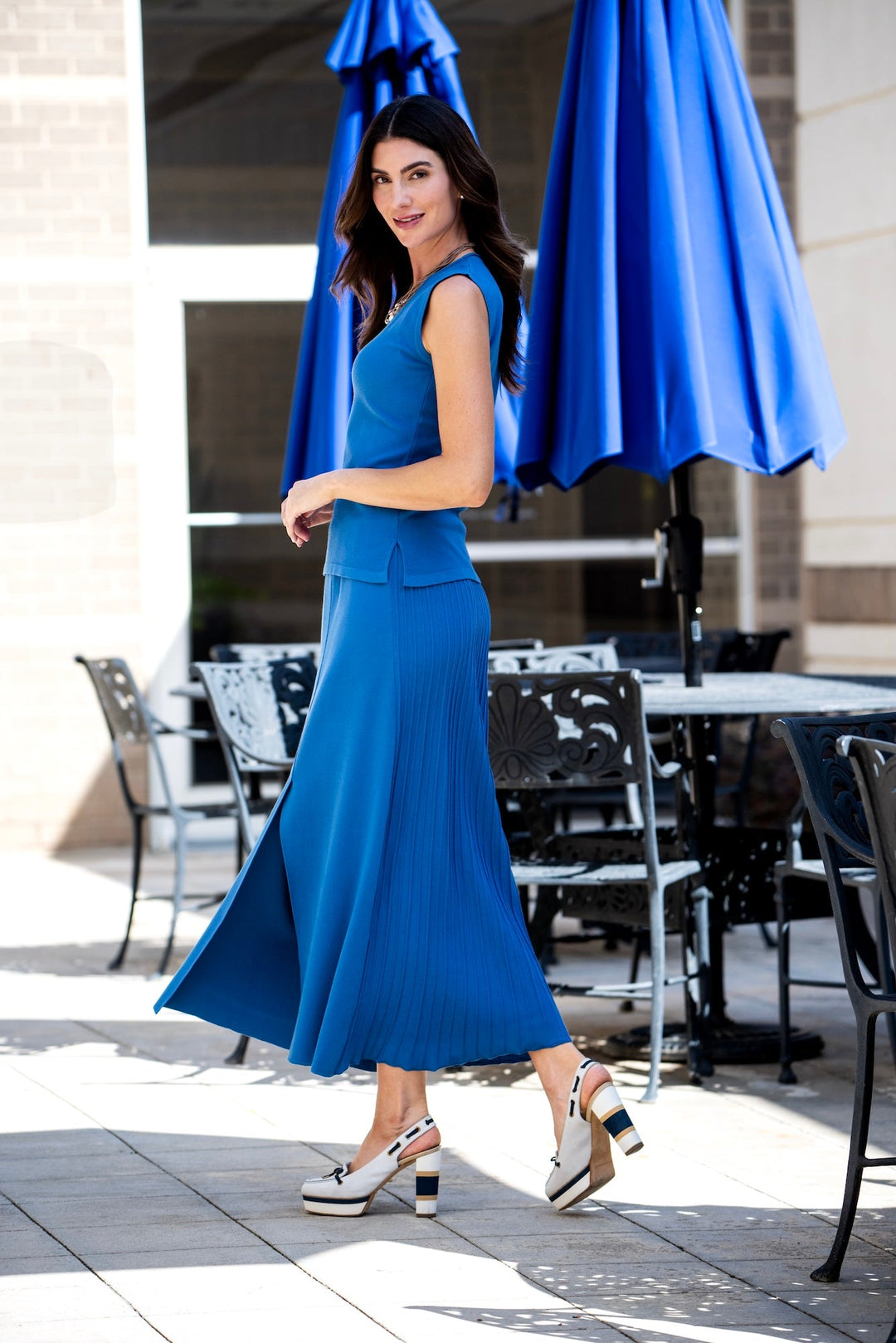 Milena Pleats-on-Back Maxi Skirt; Ocean Blue