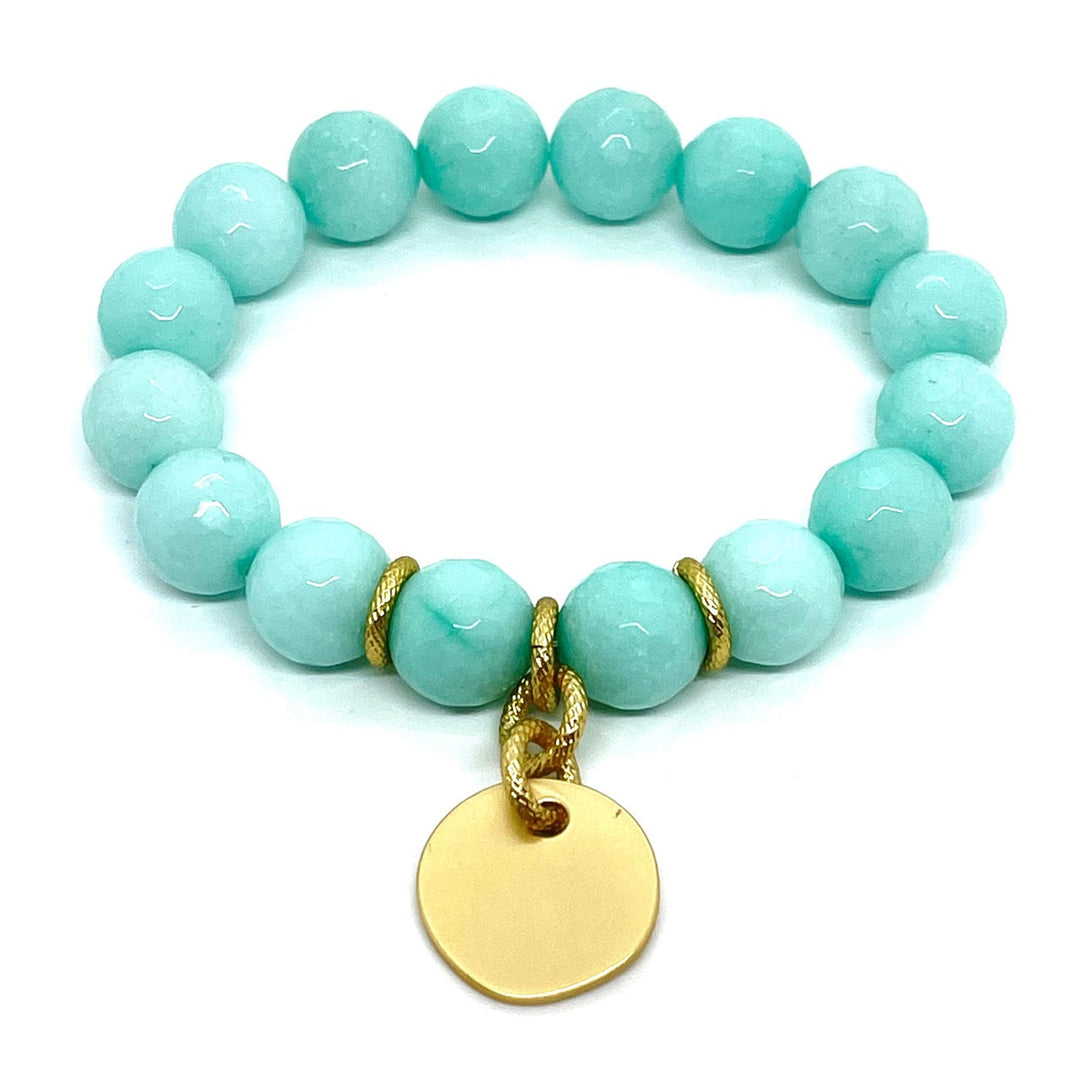 Aqua Jade Stretch Bracelet With Matte Gold Disk Charm