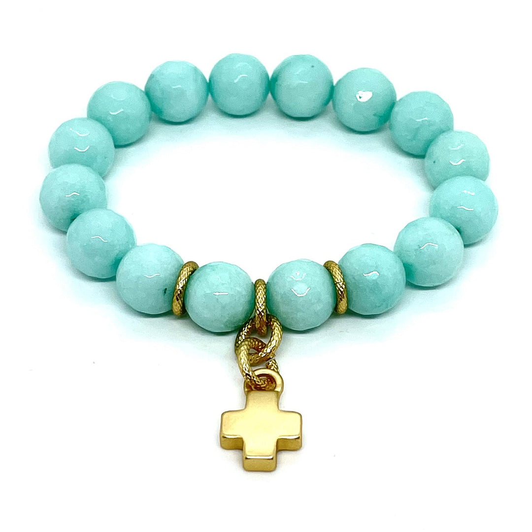 Aqua Jade Stretch Bracelet With Matte Gold Cross Charm