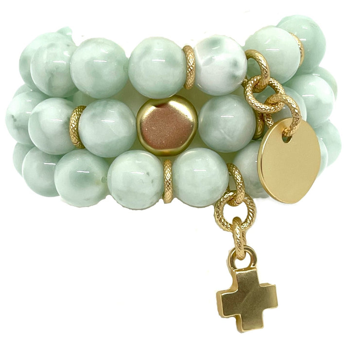 Angelite Stretch Bracelet With Matte Gold Cross