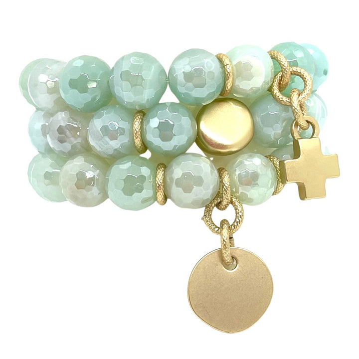 Aqua Glazed Agate Stretch Bracelet With Matte Gold Cross