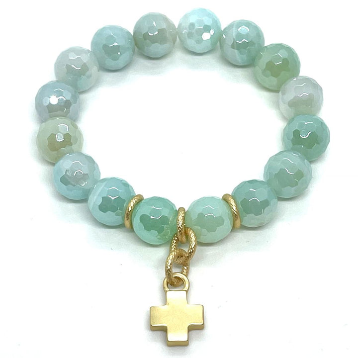 Aqua Glazed Agate Stretch Bracelet With Matte Gold Cross