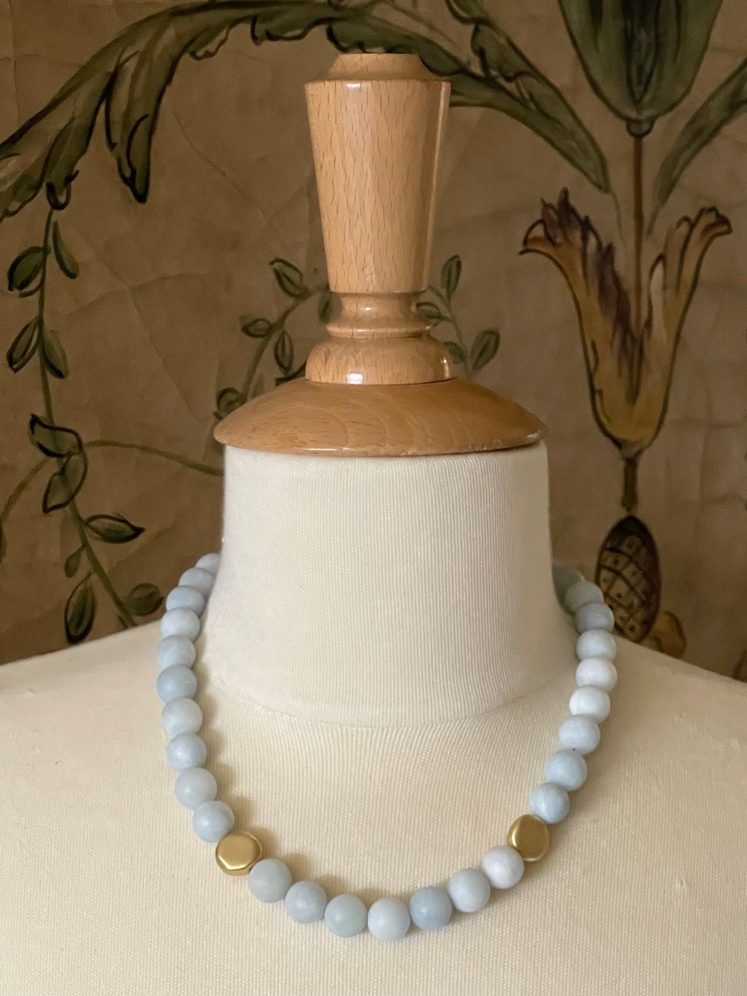 Matte Aquamarine With Matte Gold Flat Bead Necklace