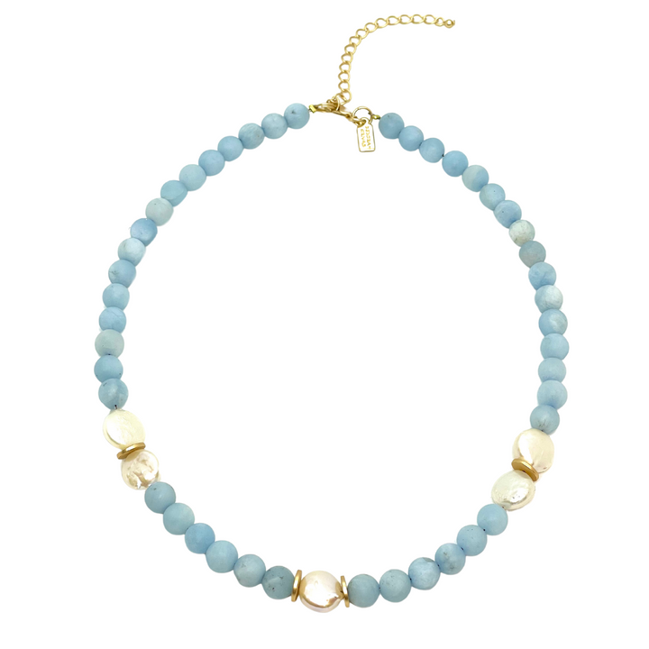 Matte Aquamarine and Freshwater Coin Pearl Necklace