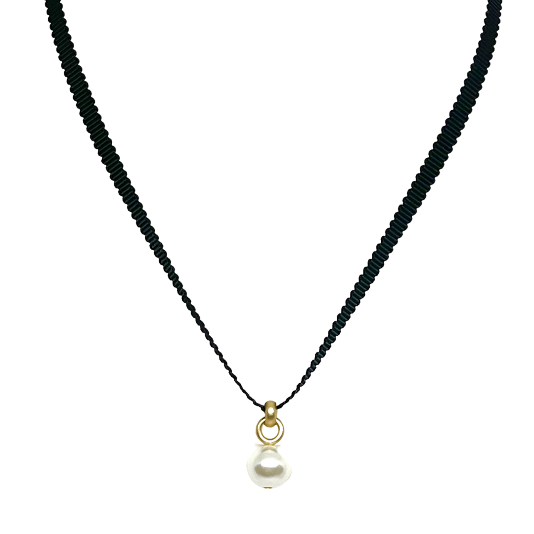 Pearl Pendant on Black Grosgrain Ribbon