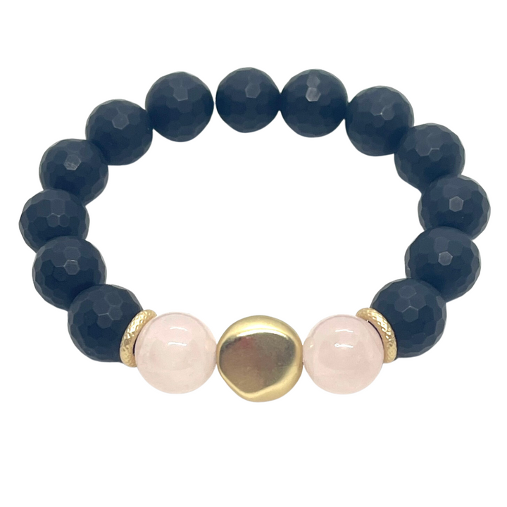 Onyx And Rose Quartz Stretch Bracelet With Matte Gold Nugget Accent