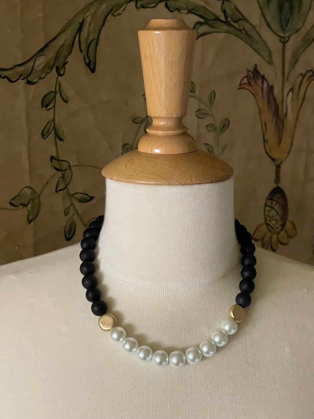 Black Onyx Necklace With Front Glass Pearl and Gold Bead Accents