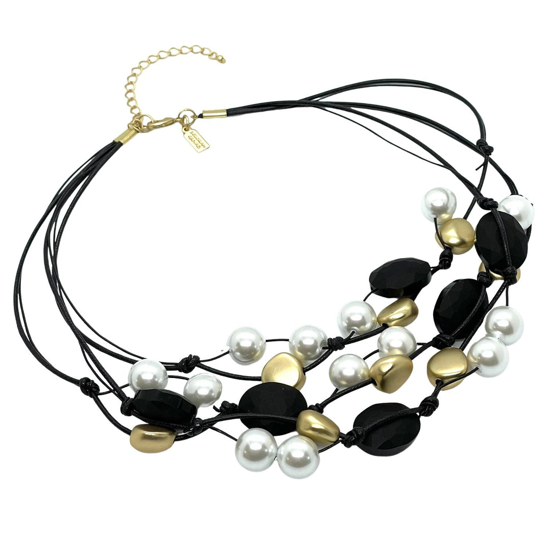 Matte Black Crystal, Pearl, Matte Gold Pebble Bead Torsade Necklace