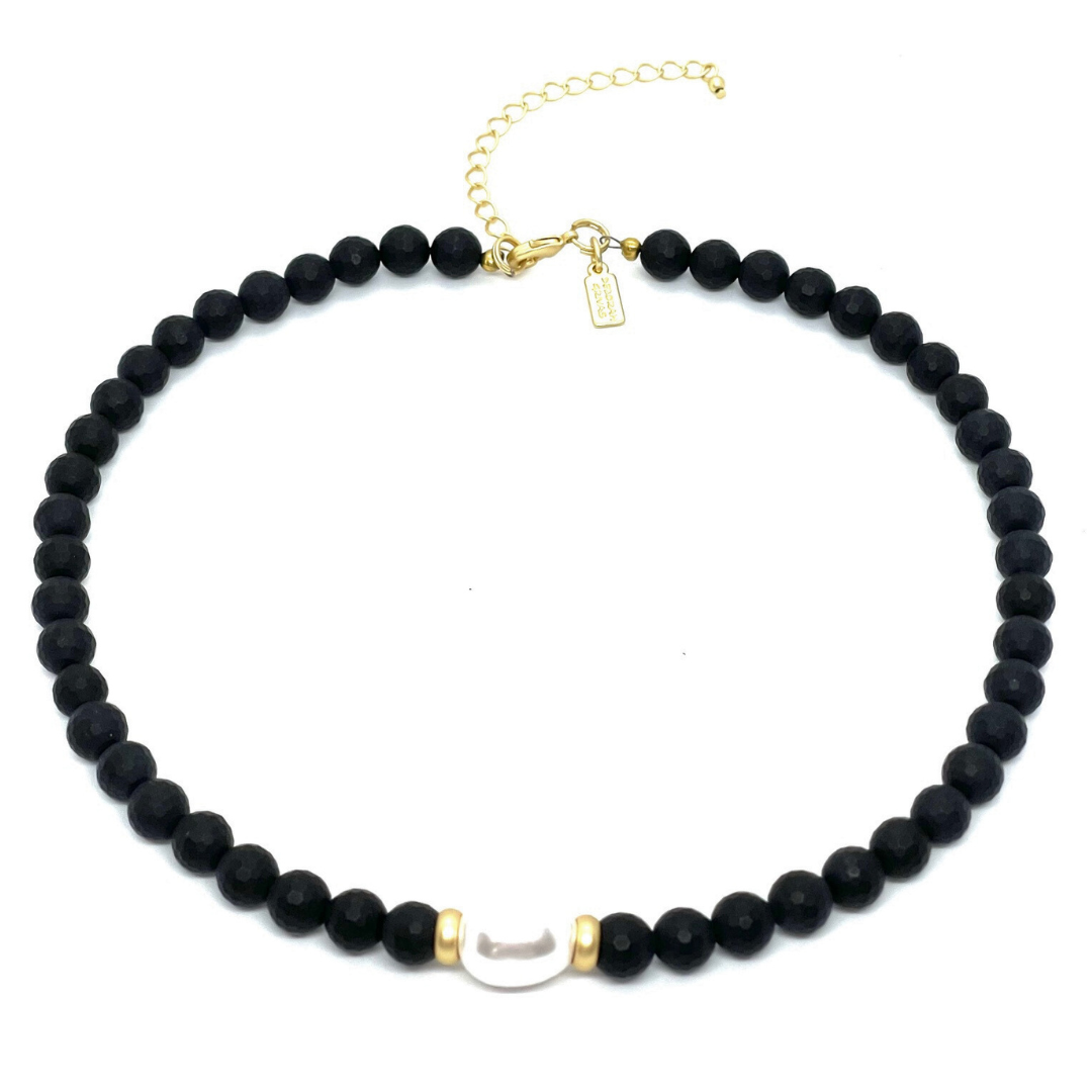 Black Onyx With Mother Of Pearl Center Beaded Necklace