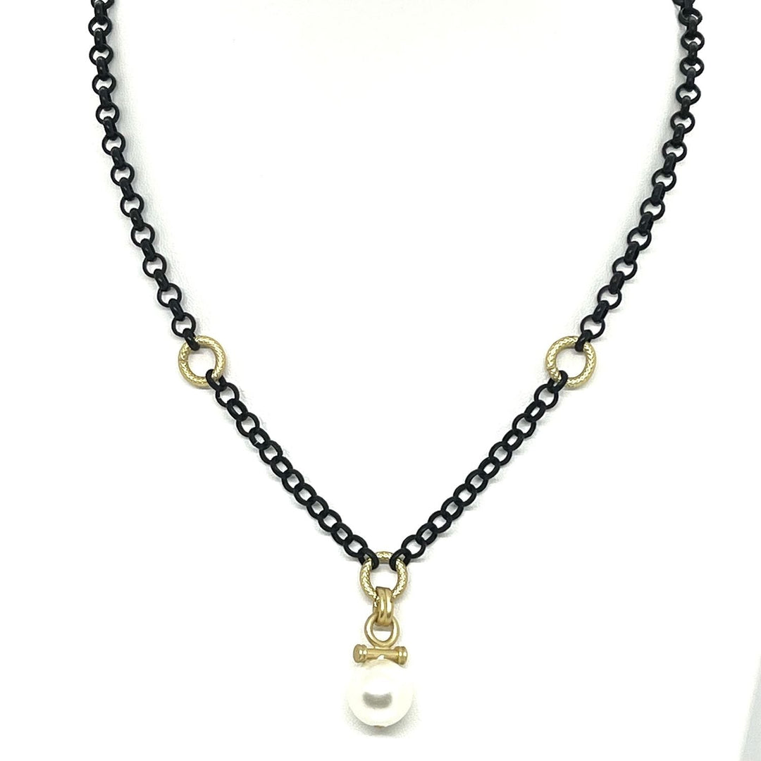 White Pearl Bar Pendant on  Matte Black and  Matte Gold Chain