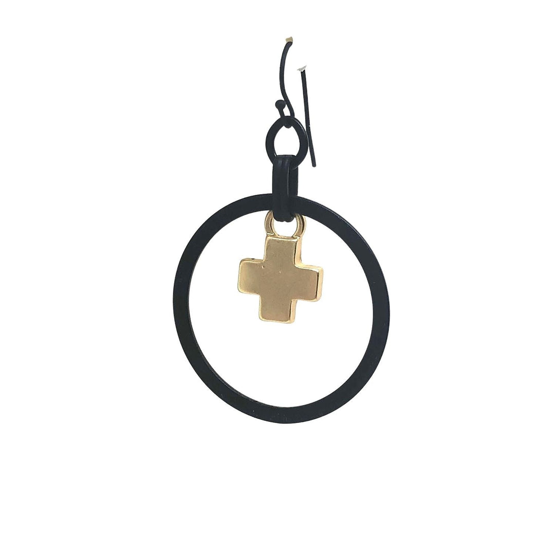 Matte Gold Cross Matte Black Hoop Earring