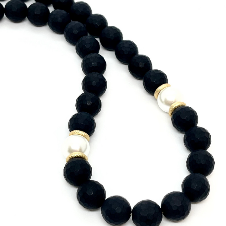 Black Onyx With Pearl Accents Beaded Necklace