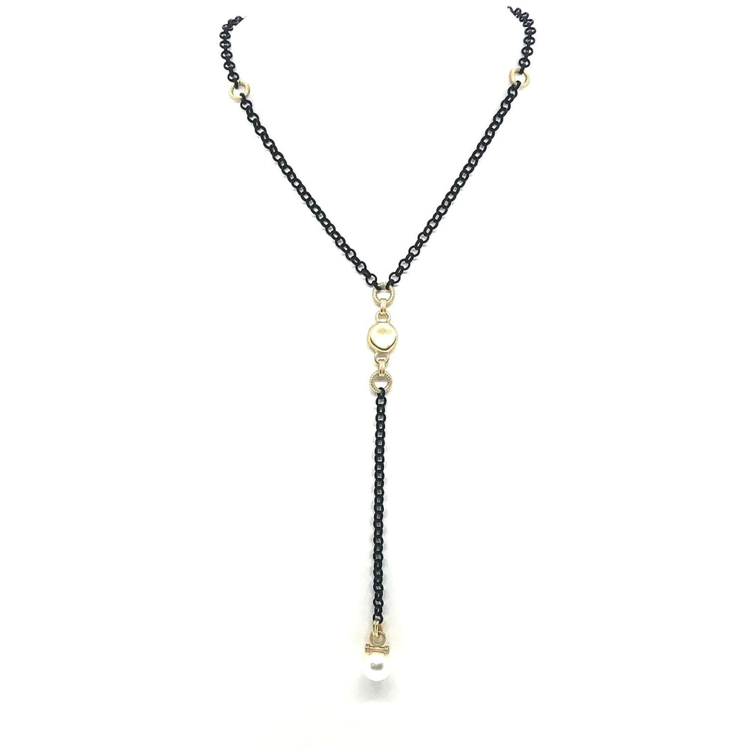 White Pearl Matte Gold Accents  Matte Black Rolo Chain Y Necklace