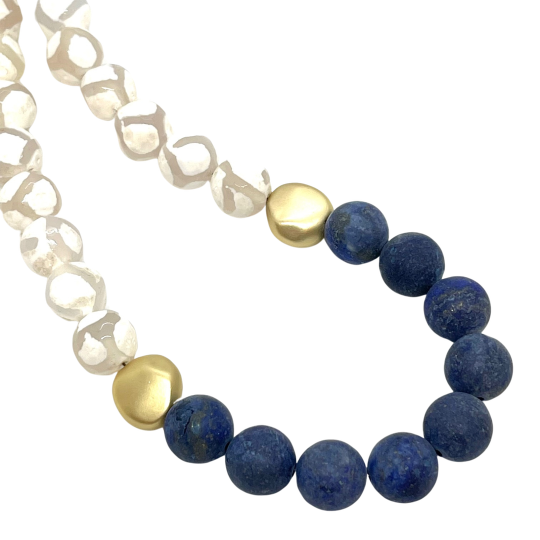 White Giraffe and Blue Lapis Beaded Necklace with Matte Gold Bead Accents