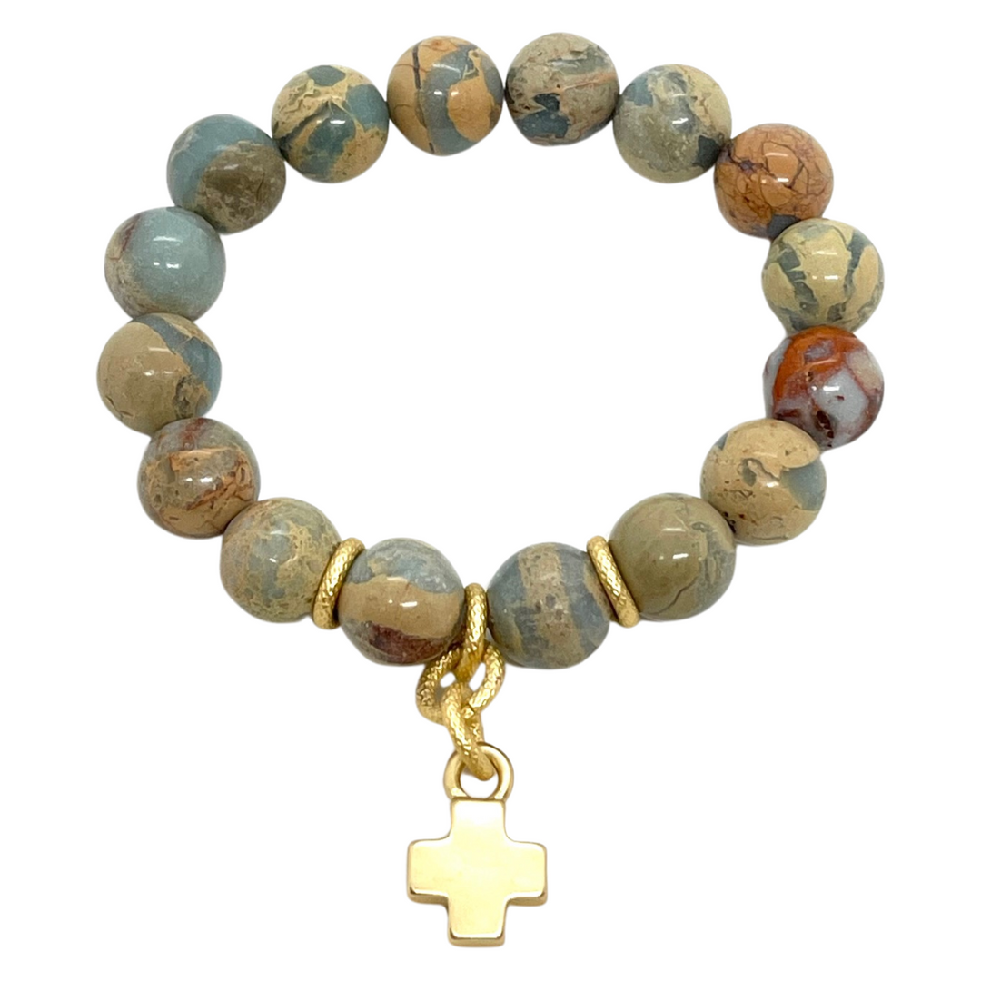 Blue Aqua Terra Jasper Stretch Bracelet with Cross Charm