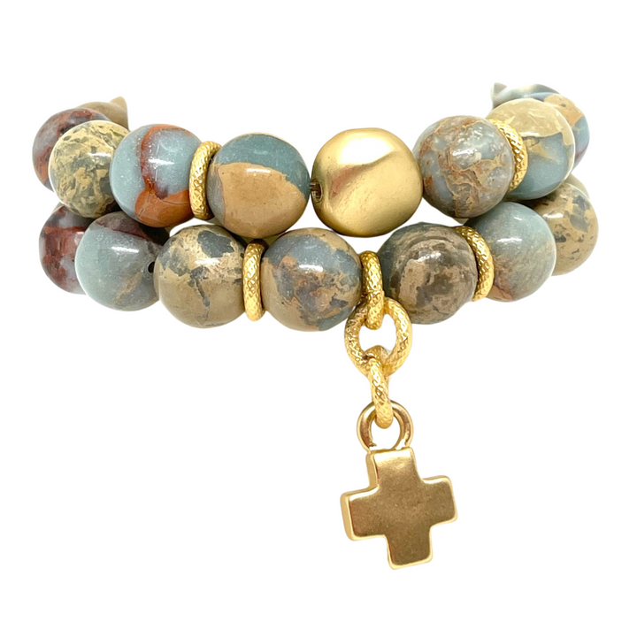 Blue Aqua Terra Jasper with Matte Gold Nugget Accent Stretch Bracelet