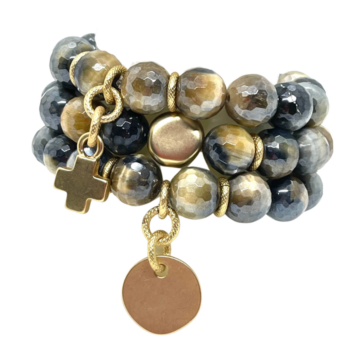 Blue Cream Tigers Eye Stretch Bracelet With Matte Gold Nugget