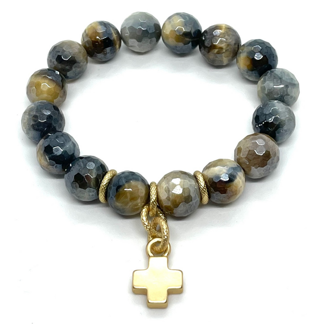Blue Cream Tigers Eye Stretch Bracelet With Matte Gold Cross