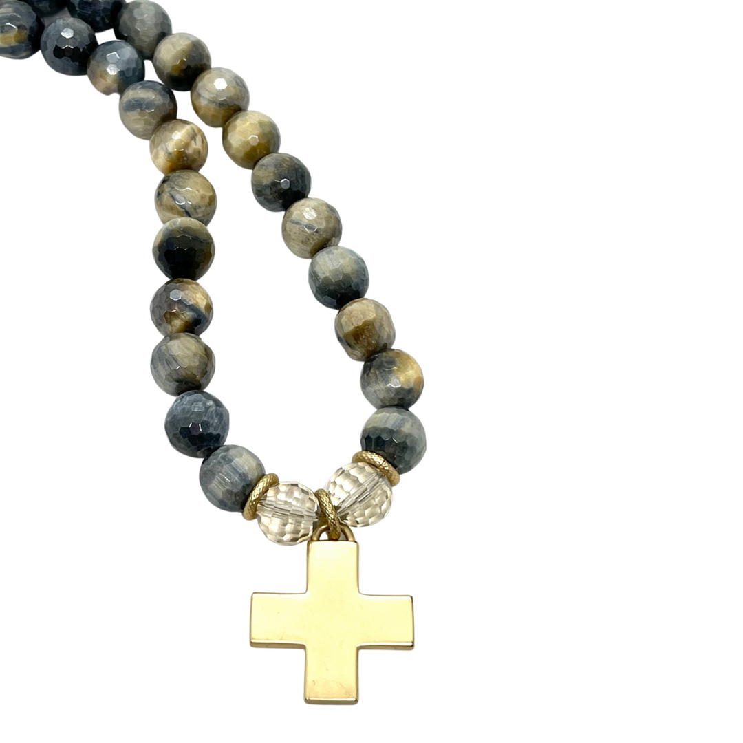 Blue Cream Tigers Eye and Champagne Crystal Necklace with Cross Pendant