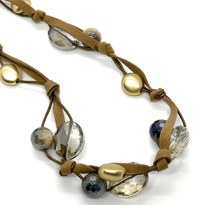 Blue Cream Tigers Eye and Champagne Crystal Long Necklace on Bronze Leather and Suede