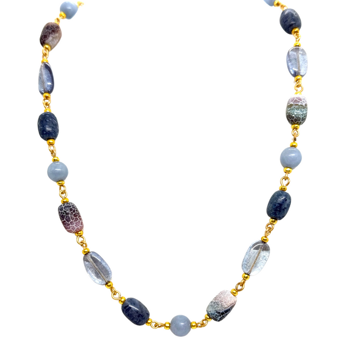 Blue Fire Agate, Blue Pressed Glass, And Blue Jade Link Necklace