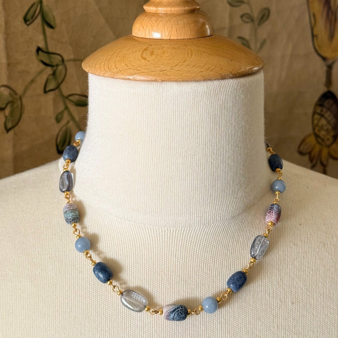 Blue Fire Agate, Blue Pressed Glass, And Blue Jade Link Necklace