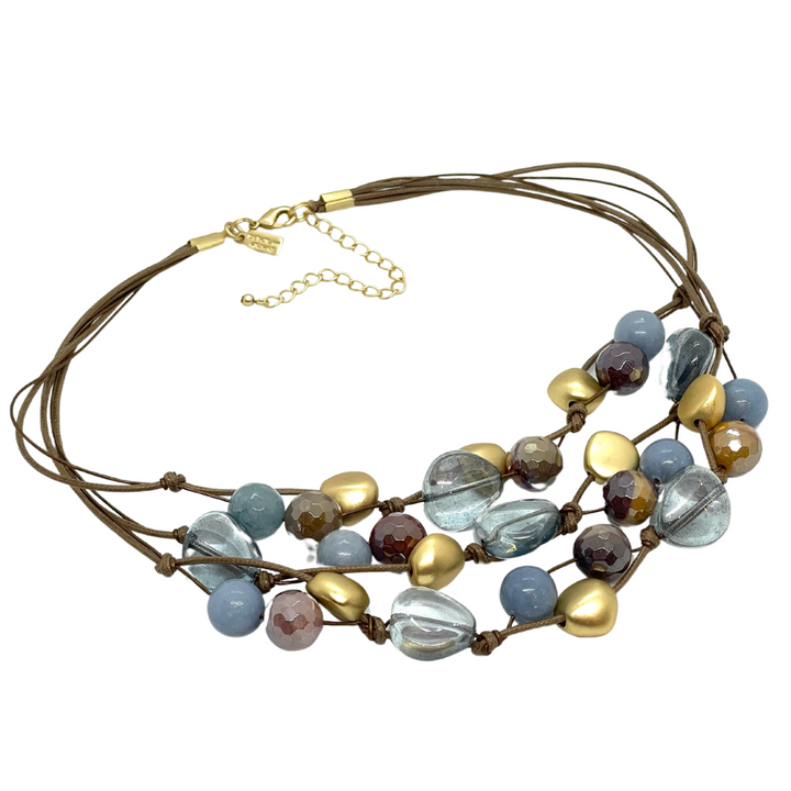 Blue Pressed Glass, Mookaite Gold Nugget Bronze Linen and Leather Torsade Necklace